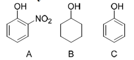Estructuras químicas: o-nitrofenol, ciclohexanol y fenol