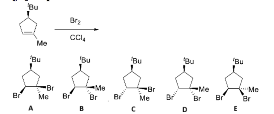 Esquema de la reacción química con productos etiquetados A, B, C, D, E